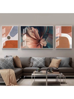 Harikabirev Pudra Pembe Krem Soyut Abstract Kombin  Çerçeveli Temperli Cam Tablo 3'lü