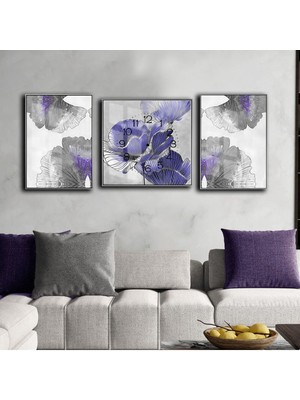 Harikabirev Mor Gri Çizgili Soyut Çiçek Modeli  Çerçeveli Saatli Cam Tablo