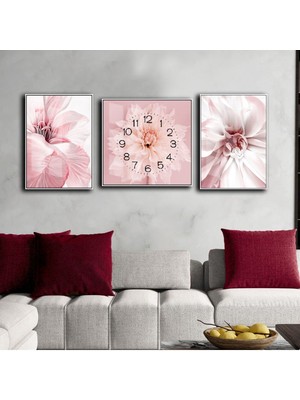 Harikabirev Pembe Beyaz Soft Çiçek Kombin Modeli  Çerçeveli Saatli Cam Tablo