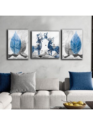 Harikabirev Mavi Gümüş Geyik Desenli Kombin Seti  Çerçeveli Saatli Cam Tablo