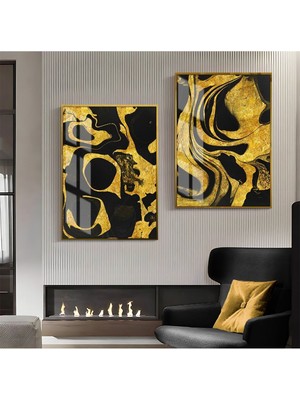 Harikabirev Siyah Gold Desenli Soyut Kombini  Çerçeveli Cam Tablo  2'li