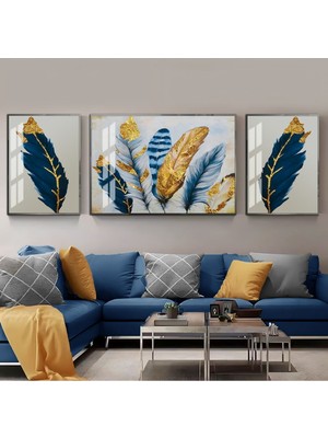 Harikabirev Lacivert Gold Sevilen Tüy Kombini 4 Çerçeveli Temperli Cam Tablo 3'lü
