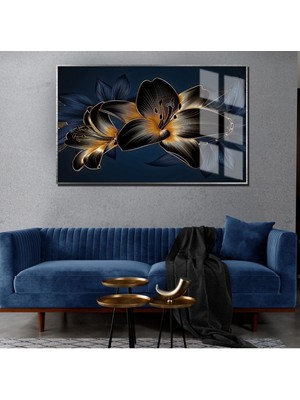 Harikabirev Lacivert Gold Soyut Çiçek Art Çerçeveli Temperli Cam Tablo Tekli