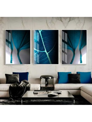 Harikabirev Mavi Yeşil Yaprak Soyut Kombini  Çerçeveli Cam Tablo 3'lü