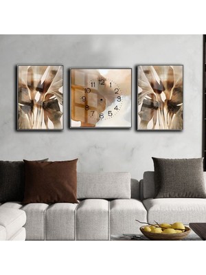 Harikabirev Kahverengi Krem Mantar Desenli Abstract Modeli  Çerçeveli Saatli Cam Tablo