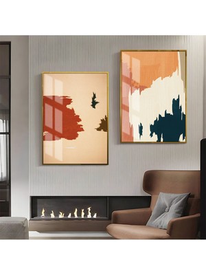 Harikabirev Mavi Turuncu Kırmızı Abstract Kombini  Çerçeveli Cam Tablo  2'li