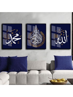 Harikabirev Allah Hzmuhammed Ayetelkursi Gold Lacivert Çerçeveli Cam Tablo 3'lü