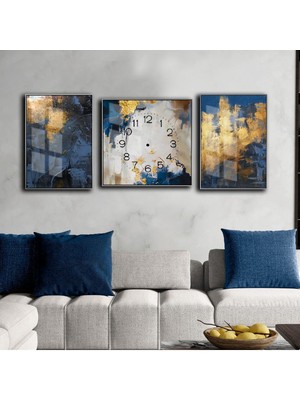 Harikabirev Mavi Gold Gri Abstract Desenli Kombin Modeli  Çerçeveli Saatli Cam Tablo