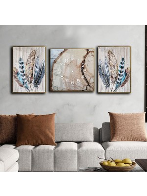 Harikabirev Mavi Gri Kahverengi Tüy Ve Kütük Kombin Modeli  Çerçeveli Saatli Cam Tablo