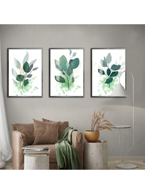 Harikabirev Yeşil Renk Soyut Abstract Yaprak Kombin Çerçeveli Cam Tablo 3'lü