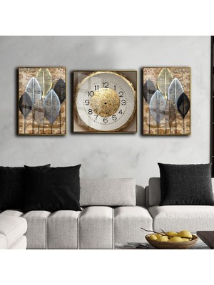 Harikabirev Siyah Gold Yaprak Desenli Kombin Modeli  Çerçeveli Saatli Cam Tablo