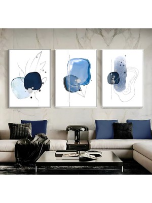 Harikabirev Lacivert Gümüş Soyut Kombin Çerçeveli Cam Tablo 3'lü