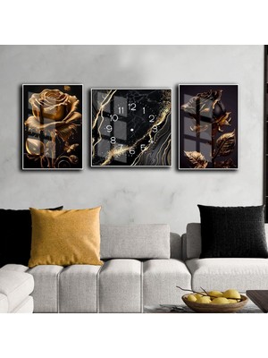 Harikabirev Gold Ve Siyah Gül Soyut Kombin Modeli  Çerçeveli Saatli Cam Tablo