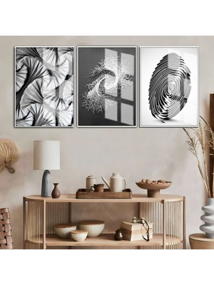 Harikabirev Siyah Beyaz Abtract Art  Çerçeveli Cam Tablo 3'lü