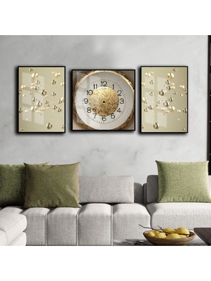 Harikabirev Gold Krem Beyaz Soyut Damlacık Kombin Modeli  Çerçeveli Saatli Cam Tablo