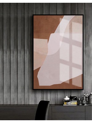 Harikabirev Krem Bej Kahverengi Soyut Model  Çerçeveli Temperli Cam Tablo Tekli