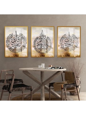 Harikabirev Felak Nas Ayetel Kursi Soft Krem Rengi Çerçeveli Cam Tablo 3'lü