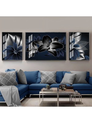 Harikabirev Lacivert Gümüş Soyut Çiçekler Kombini Çerçeveli Temperli Cam Tablo 3'lü