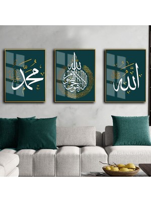 Harikabirev Allah Hzmuhammed Ayetelkursi Gold Turkuazçerçeveli Cam Tablo 3'lü Dikey
