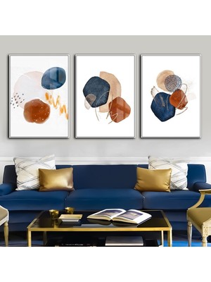 Harikabirev Gold Mavi Turuncu Soyut Vektör (Abstract)  Çerçeveli Cam Tablo Temperli 3'lü