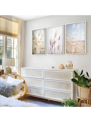 Harikabirev Krem Beyaz Soft Çiçek Manzara Kombini 04  Çerçeveli Cam Tablo  3'lü