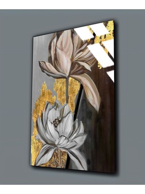 Harikabirev Kırılmaz Cam (Temperli) Gri-Gold Çiçek Tablosu 01