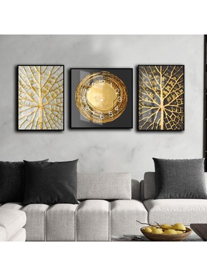 Harikabirev Sevilen Gold Krem Soyut Kombini Kabartmasız  Çerçeveli Saatli Cam Tablo