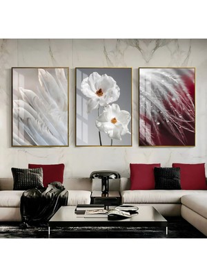 Harikabirev Bordo Antrasit Gri Çiçek Tüy Kombini Çerçeveli Cam Tablo 3'lü