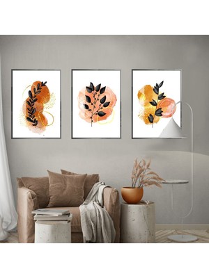 Harikabirev Turuncu Kombin Soyut Çiçek Vektörel Kombini  Çerçeveli Cam Tablo 3'lü