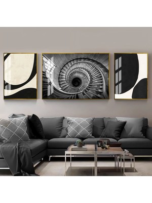 Harikabirev Gri Siyah Spıral Soyut Abstract Kombin  Çerçeveli Temperli Cam Tablo 3'lü