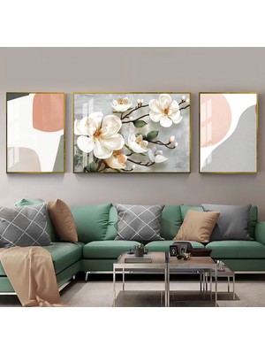 Harikabirev Yeşil Krem Gri Çiçek Soyut Kombini  Çerçeveli Temperli Cam Tablo 3'lü