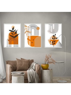 Harikabirev Turuncu Siyah Soyut Vektörel Çiçek Kombini  Çerçeveli Cam Tablo 3'lü