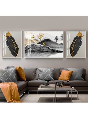 Harikabirev Gold Siyah Geyik Kombini  Çerçeveli Temperli Cam Tablo 3'lü