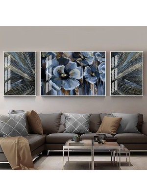 Harikabirev Mavi Gri Soyut Gül Kombini  Çerçeveli Temperli Cam Tablo 3'lü