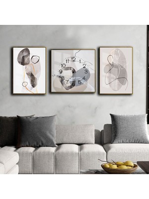 Harikabirev Krem Gri Abstract Kombin Modeli  Çerçeveli Saatli Cam Tablo