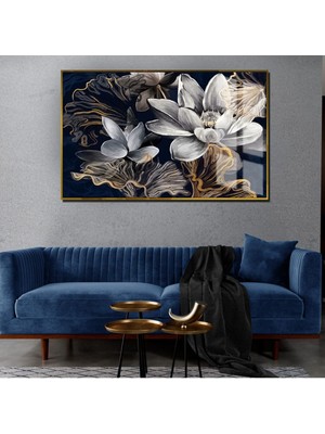 Harikabirev Lacivert Gold Yağlı Boya Efetkli Çiçek  Çerçeveli Temperli Cam Tablo Tekli