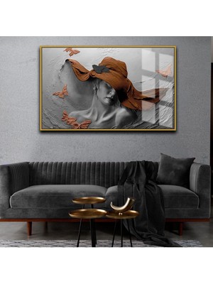 Harikabirev Sevilen Şapkalı Kadın Kahverengi Gümüş  Çerçeveli Temperli Cam Tablo Tekli