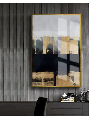 Harikabirev Siyah Gold Gri Soyut Model  Çerçeveli Temperli Cam Tablo Tekli