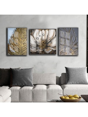 Harikabirev Gold Siyah Çiçekli Saat Kombini Modeli  Çerçeveli Saatli Cam Tablo