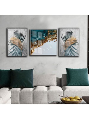 Harikabirev Yeşil Gold Gri Palmiye Detaylı Soyut Kombin  Çerçeveli Saatli Cam Tablo