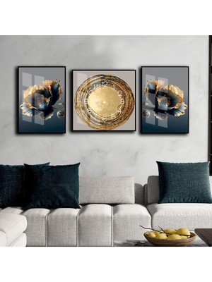 Harikabirev Turkuaz Gold Kabartmasız Çiçek Kombin Modeli  Çerçeveli Saatli Cam Tablo
