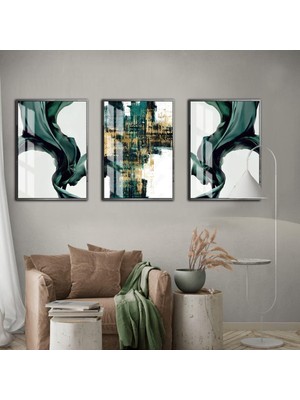 Harikabirev Yeşil Renk Soyut Abstract Kombin Çerçeveli Cam Tablo 3'lü
