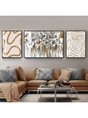 Harikabirev Gold Gri Siyah Soft Çiçek Abstract Kombin  Çerçeveli Temperli Cam Tablo 3'lü