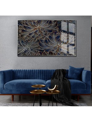 Harikabirev Lacivert Gold Soyut Çiçek Art Çerçeveli Temperli Cam Tablo Tekli