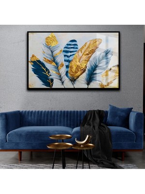 Harikabirev Sevilen Tüy Tablosu Lacivert Gold Çerçeveli Temperli Cam Tablo Tekli