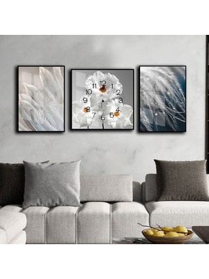 Harikabirev Beyaz Mavi Çiçek Kombin Modeli  Çerçeveli Saatli Cam Tablo