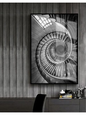 Harikabirev Siyah Beyaz Spiral Merdiven Model  Çerçeveli Temperli Cam Tablo Tekli