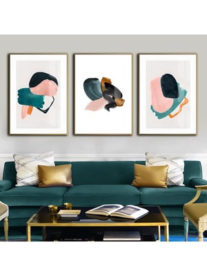 Harikabirev Turkuaz Pembe Soyut Vektör (Abstract)  Çerçeveli Cam Tablo Temperli 3'lü