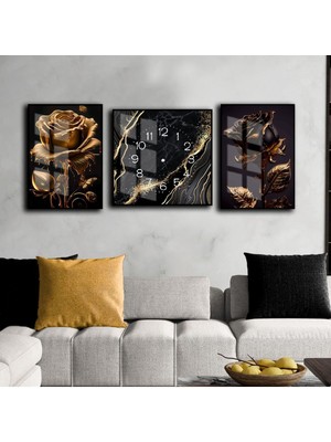 Harikabirev Gold Ve Siyah Gül Soyut Kombin Modeli  Çerçeveli Saatli Cam Tablo