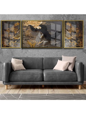 Harikabirev Siyah Gold Kombini Kadın Soyut Kombini Çerçeveli Temperli Cam Tablo 3'lü